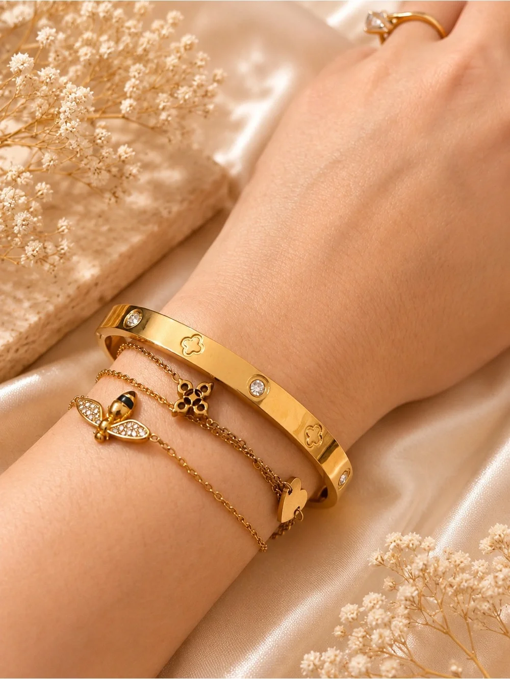 Gold Plated Crystal Accent Women's Bangle Bracelet Luxury Inspired Size 7